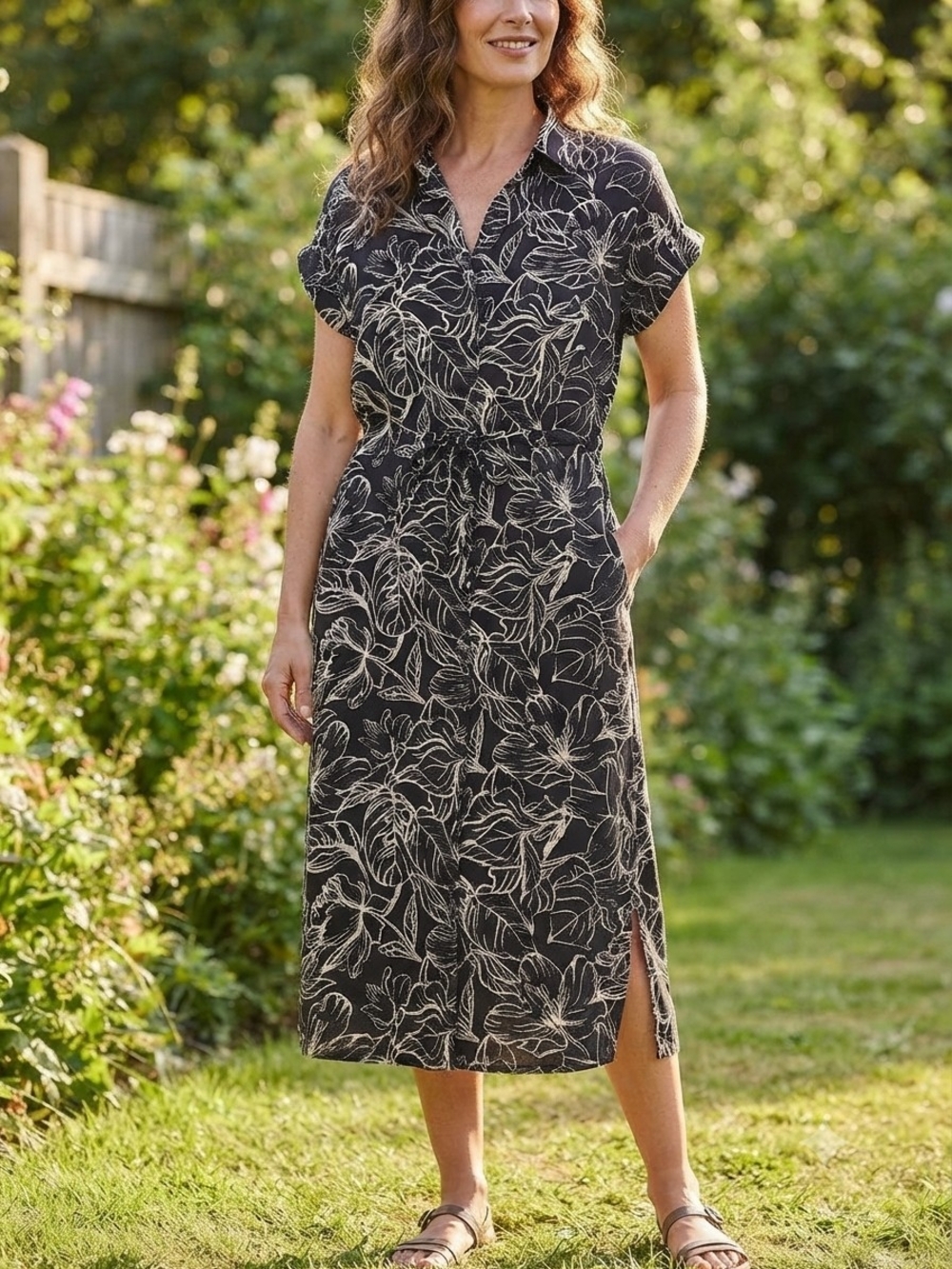 Jewel Badgley Mischka Black  White Floral Shirt Dress Size M